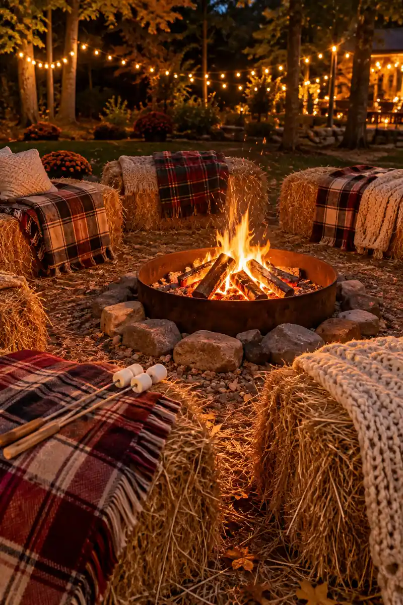 Hay bale seats arranged around a backyard fire pit with blankets