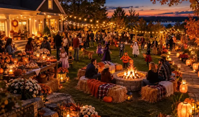 Festive Halloween backyard party at dusk with lights and families