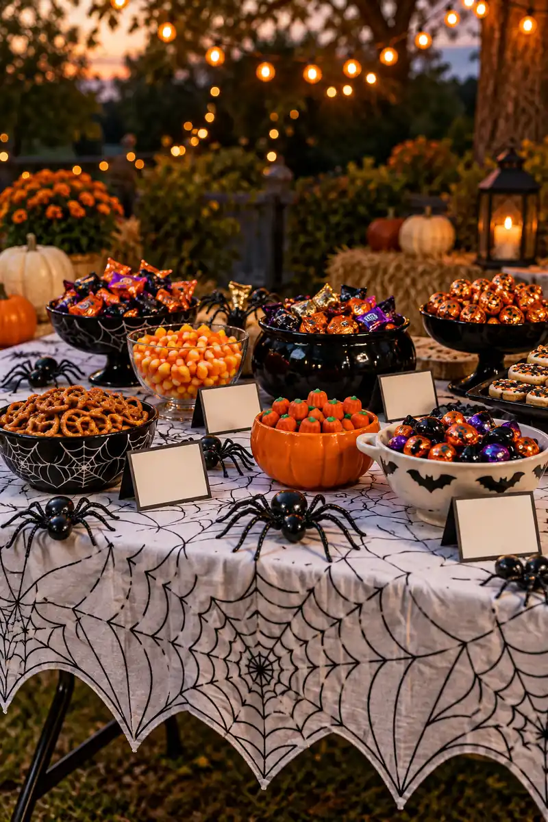 Halloween snack table with spiderweb cloth and spooky treats