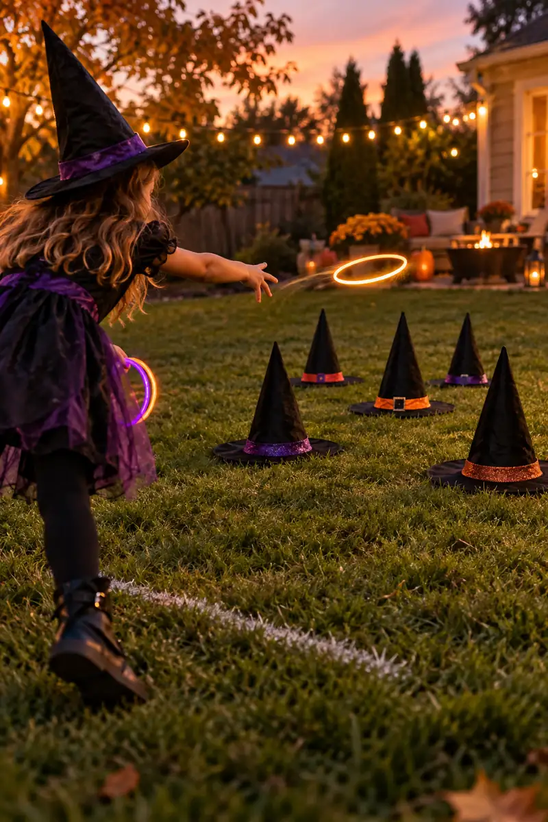 Witch hat ring toss game set up on a backyard lawn