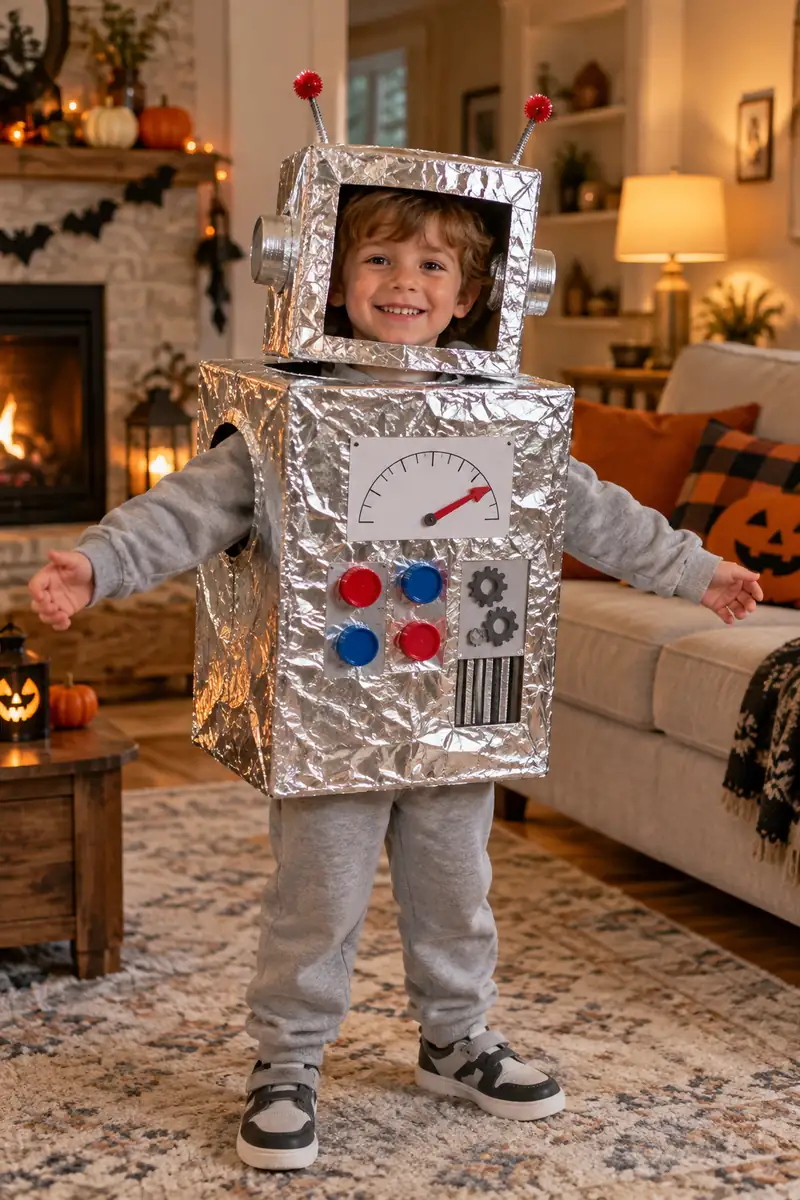 20 Easy Halloween Costume Ideas You Can Make at Home 1 Homemade cardboard box robot costume with foil buttons