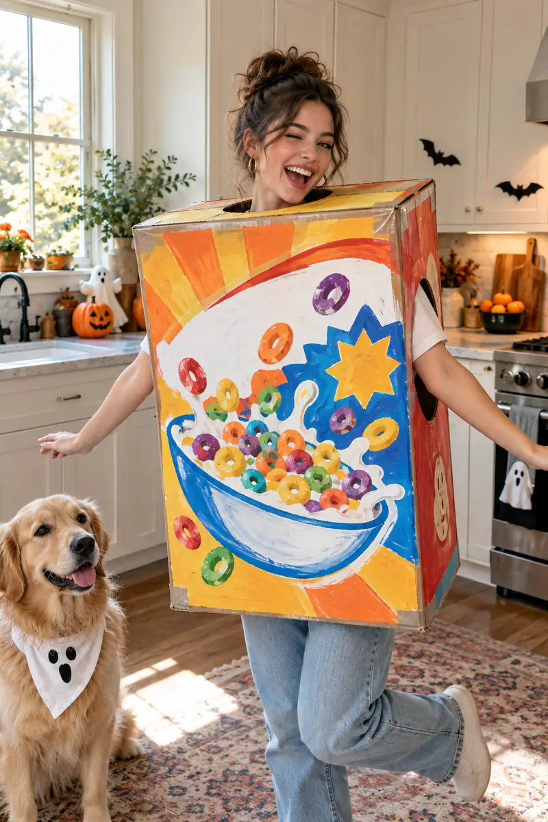20 Easy Halloween Costume Ideas You Can Make at Home 6 Person wearing a giant homemade cereal box costume
