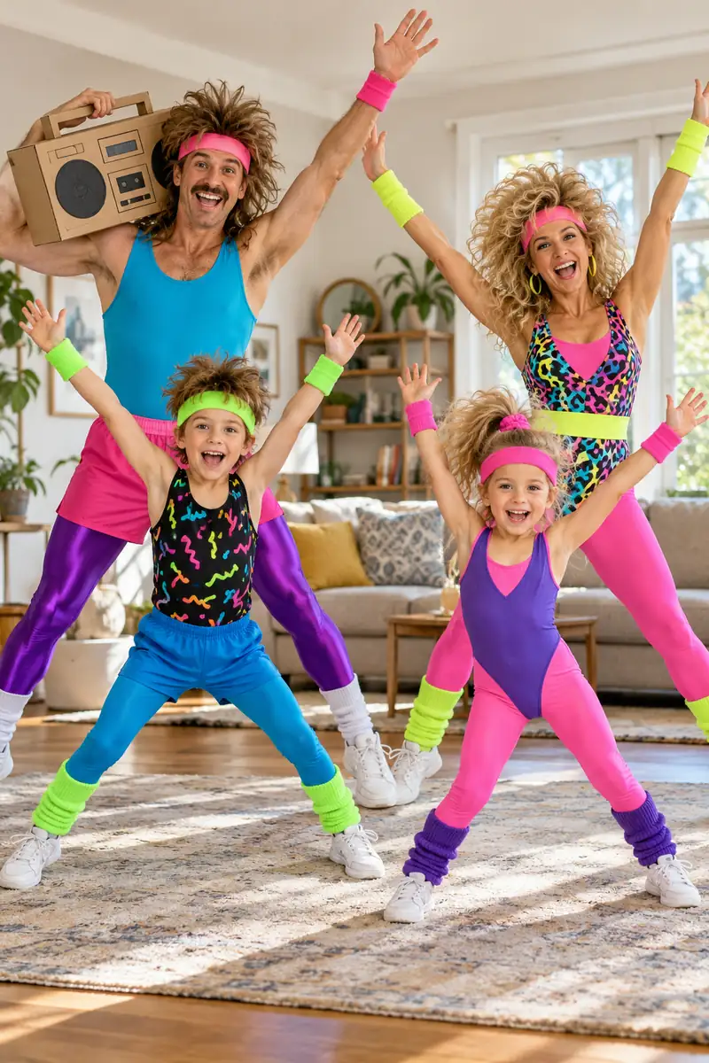 Family in 80s workout Halloween costumes with neon headbands and leg warmers