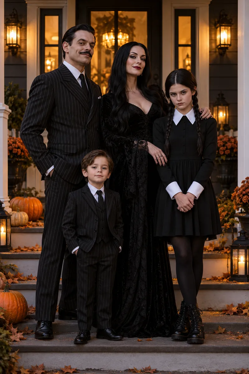 Family dressed as Addams Family Halloween costumes with Wednesday braids and Gomez suit