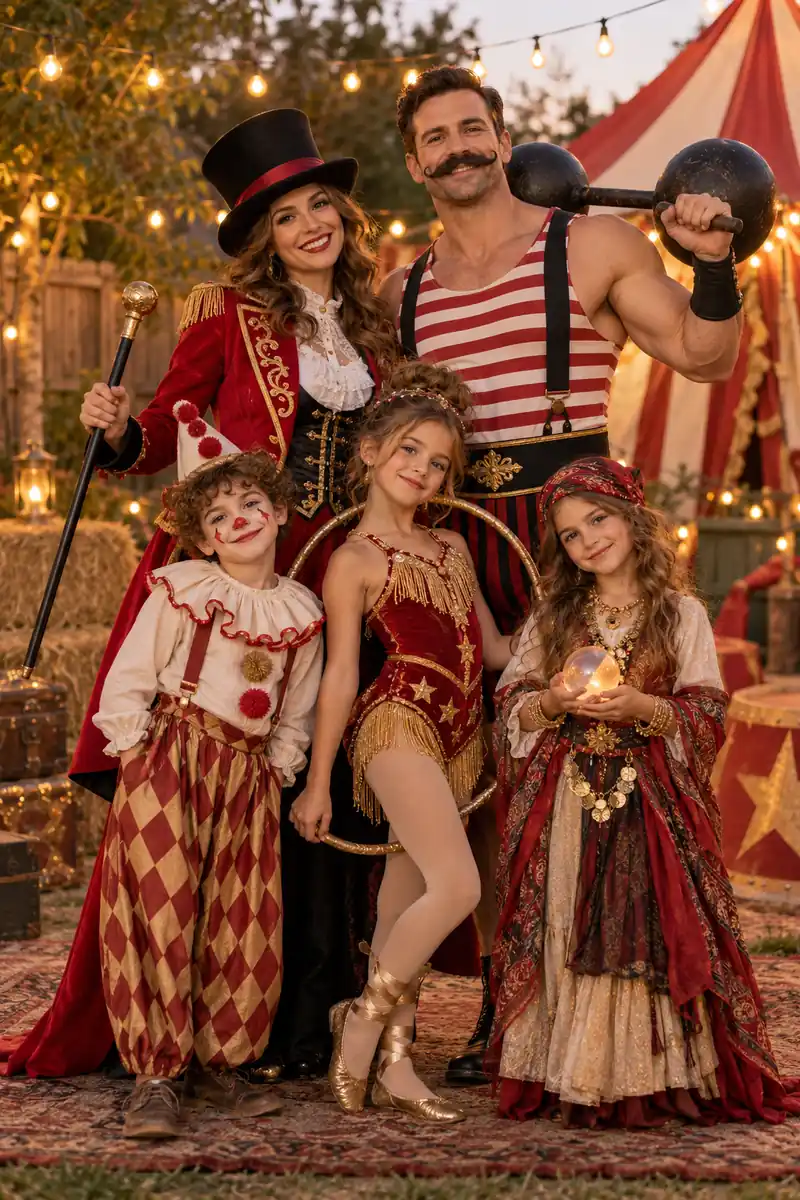Family in circus troupe Halloween costumes with ringmaster top hat and clown makeup