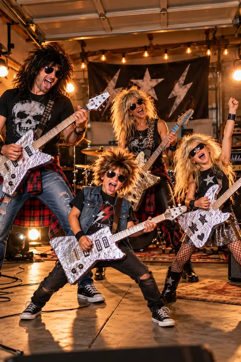 Family in rock band Halloween costumes with cardboard guitars and wigs