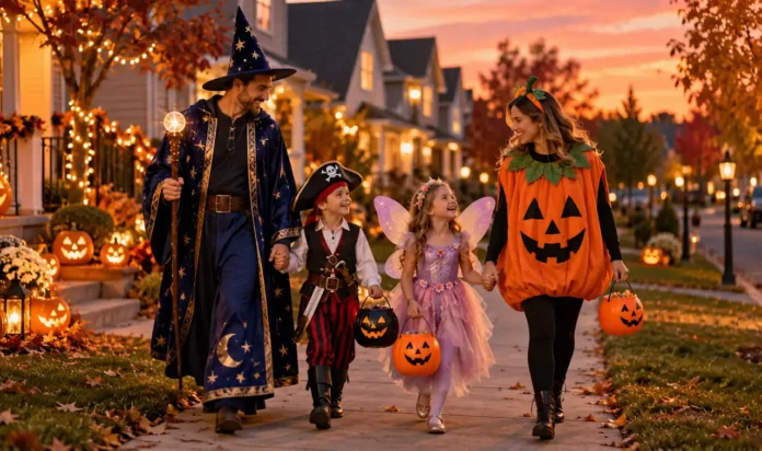 Family in mixed Halloween costumes walking at dusk with candy buckets
