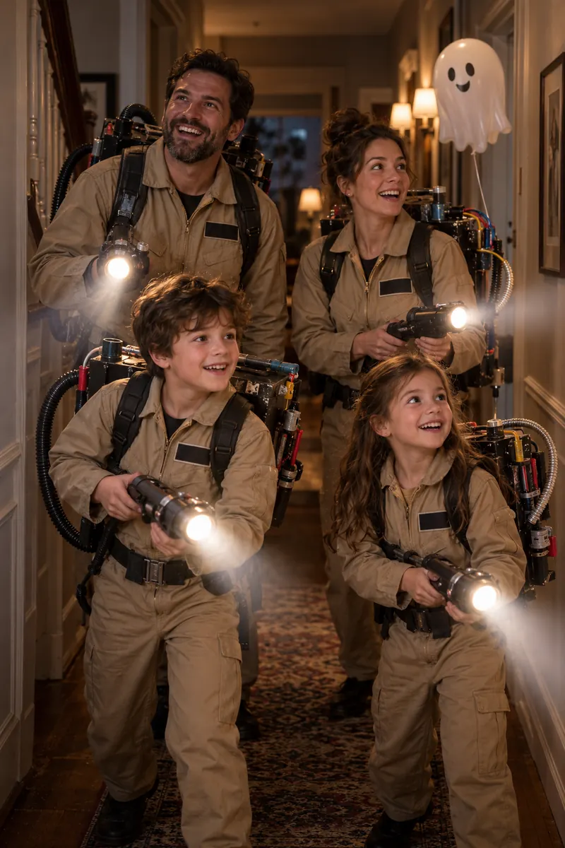 Family in ghost hunting crew Halloween costumes with tan jumpsuits and proton packs