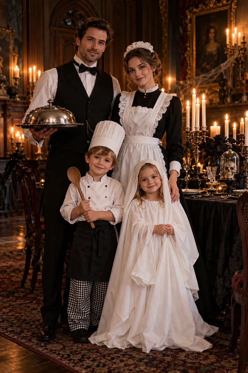 Family in haunted household staff Halloween costumes with butler vest and maid apron