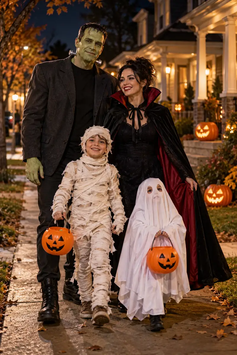 Family in classic monster Halloween costumes with Frankenstein and mummy