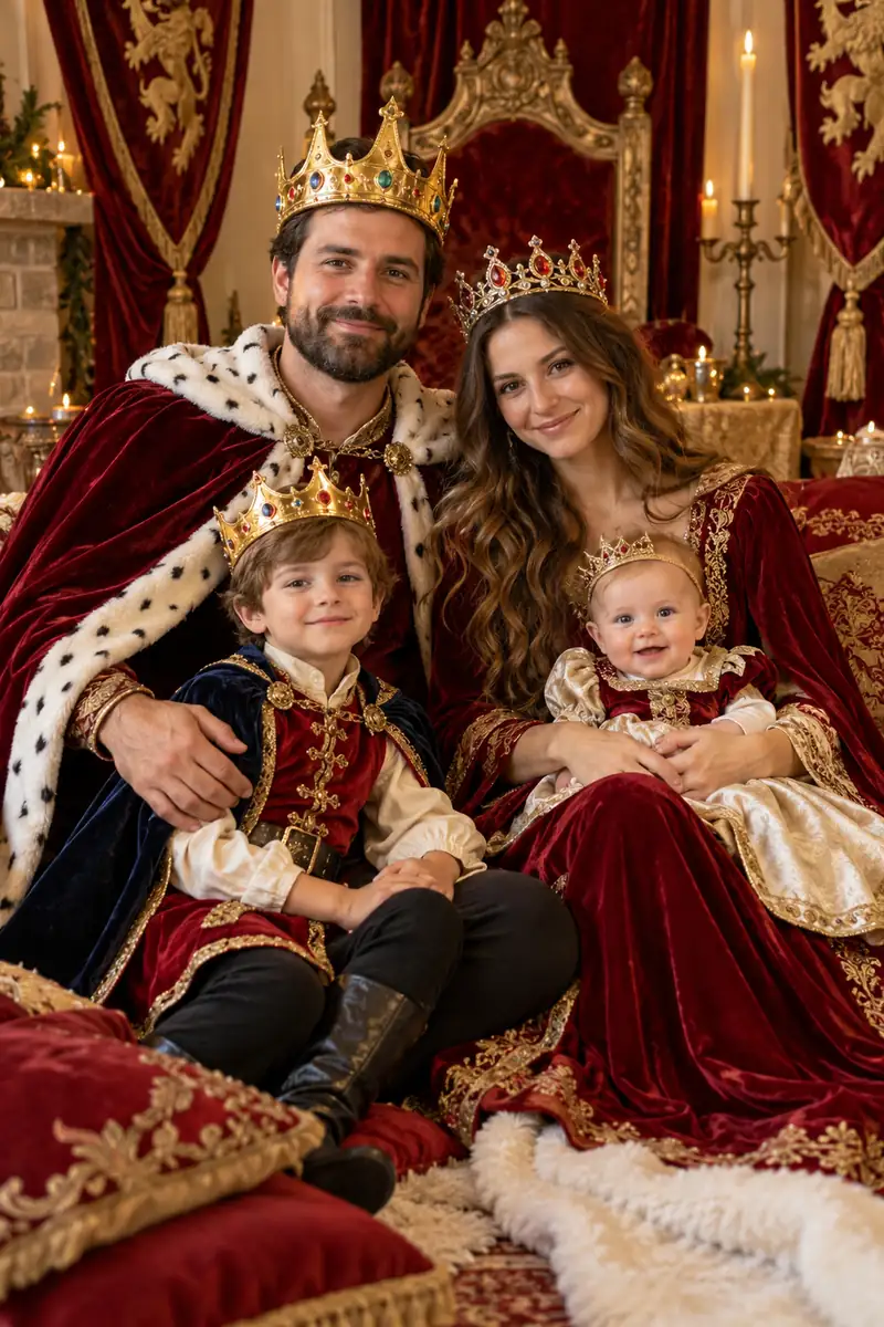 Family in royal family Halloween costumes with velvet capes and cardboard crowns