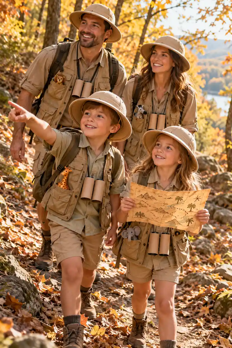 Family in vintage safari explorer Halloween costumes with khaki clothes and binoculars