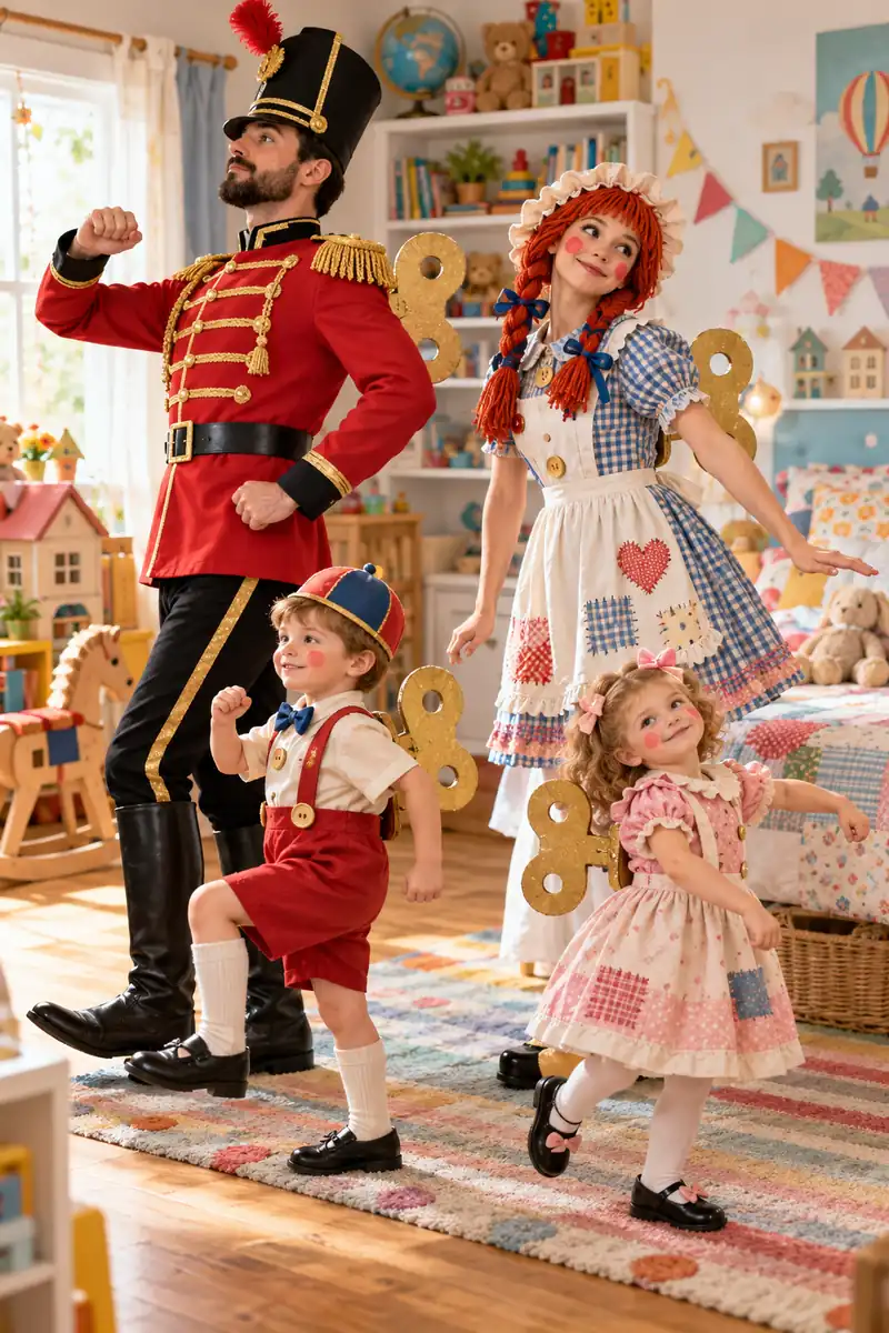 Family in toy box Halloween costumes with cardboard wind up key and toy soldier hats