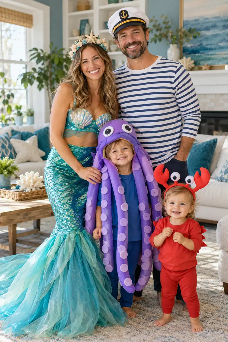 Family in under the sea Halloween costumes with mermaid crown and octopus tentacle hat