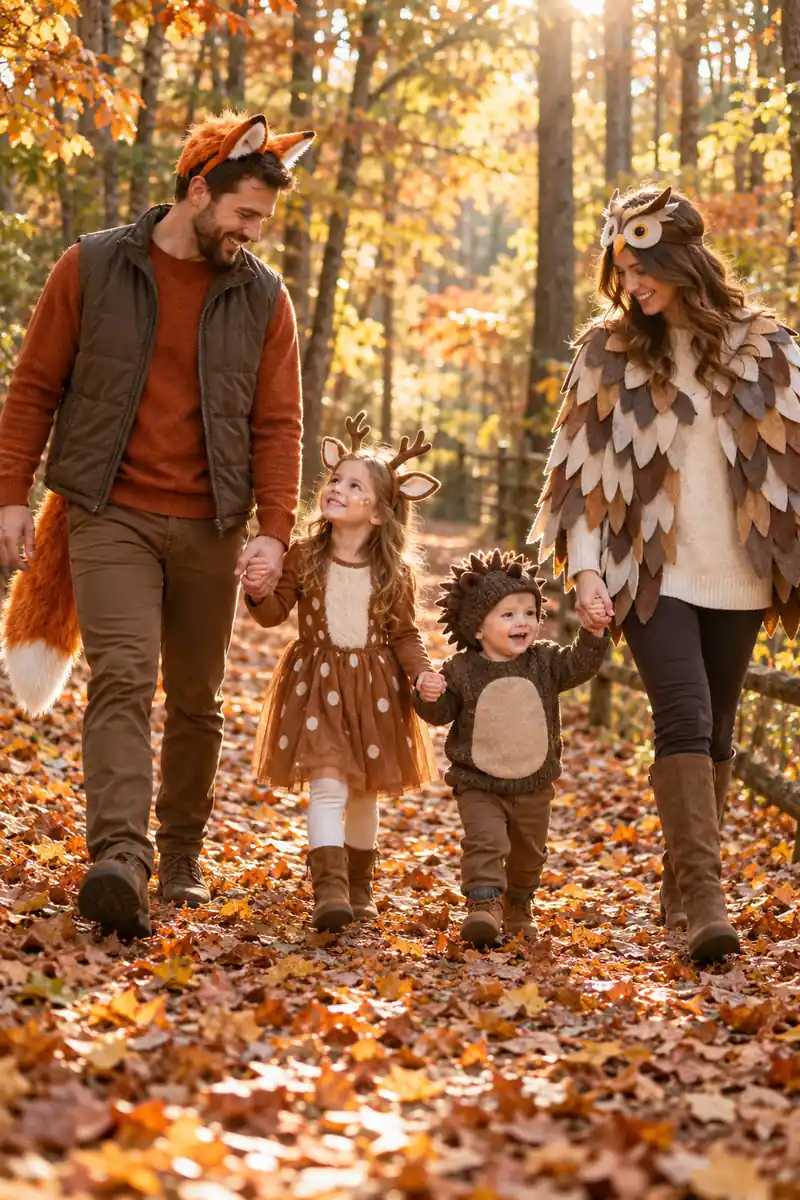 Family in woodland creatures Halloween costumes with fox ears and owl feather cape