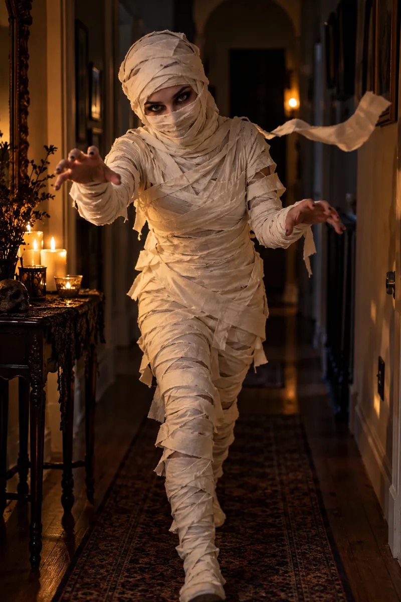 20 Easy Halloween Costume Ideas You Can Make at Home 3 DIY mummy costume wrapped in toilet paper with dark eye makeup