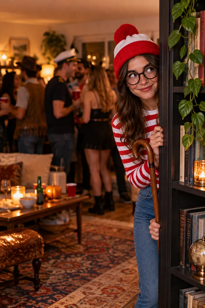 20 Easy Halloween Costume Ideas You Can Make at Home 7 DIY Where's Waldo costume with red striped shirt, glasses, and beanie