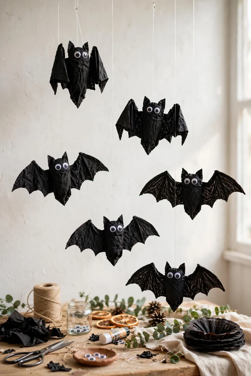 Coffee filter bats hanging from thread
