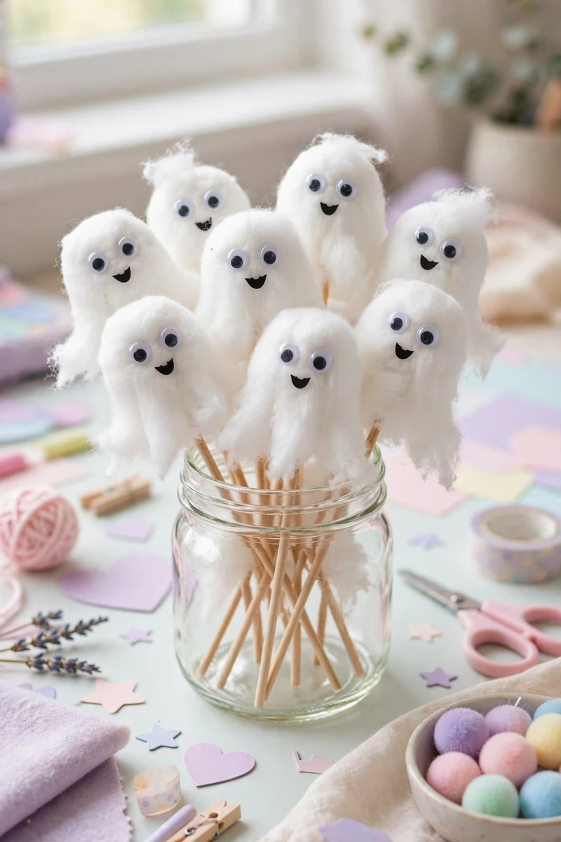 Cotton ball ghost pops with googly eyes