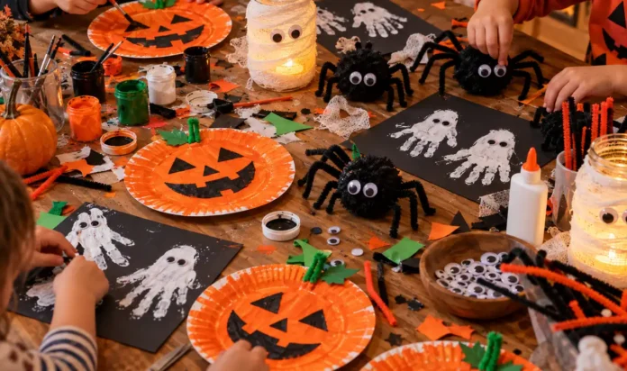 Kids Halloween crafts in progress on a craft table