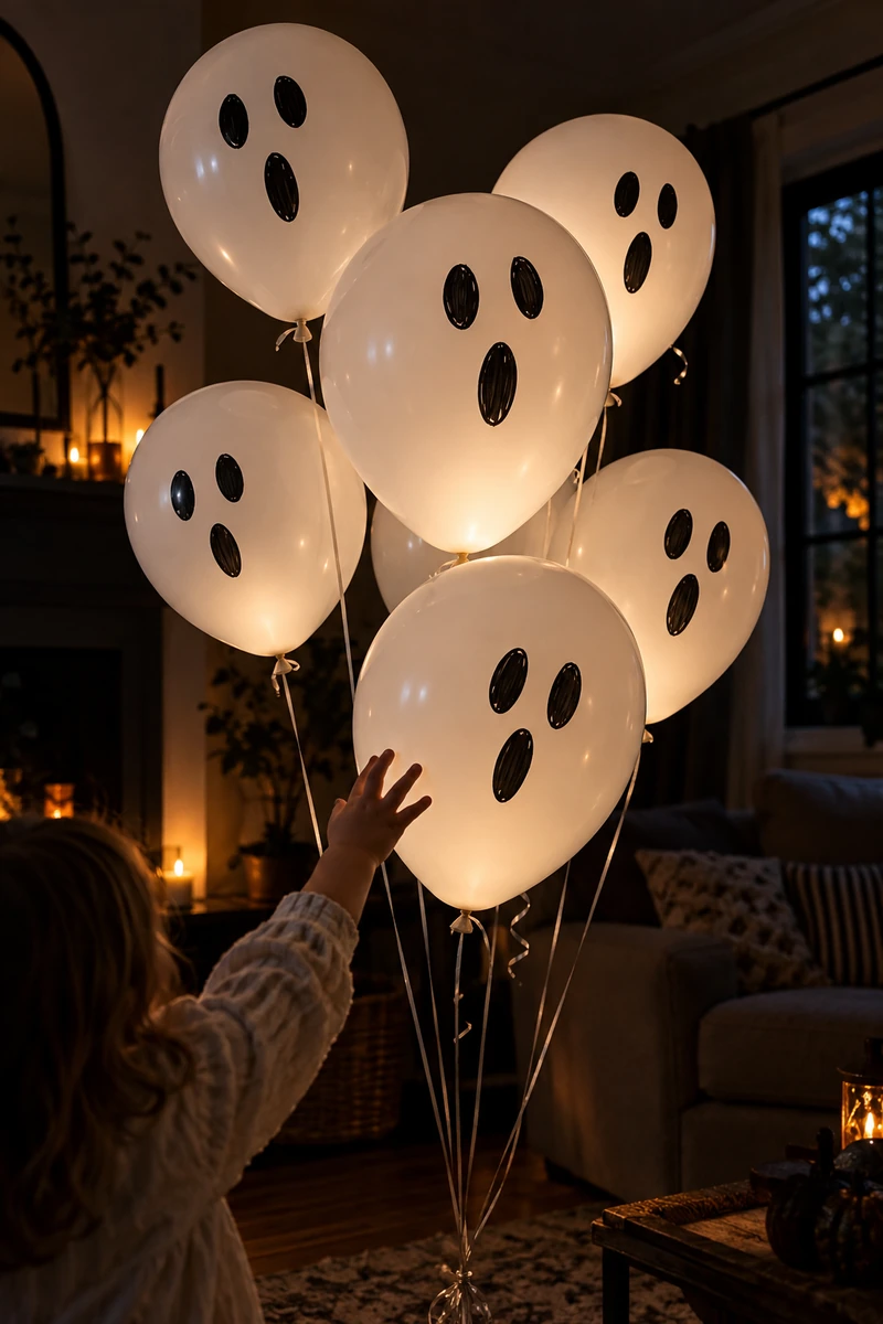 White balloon ghosts with drawn faces floating in a corner