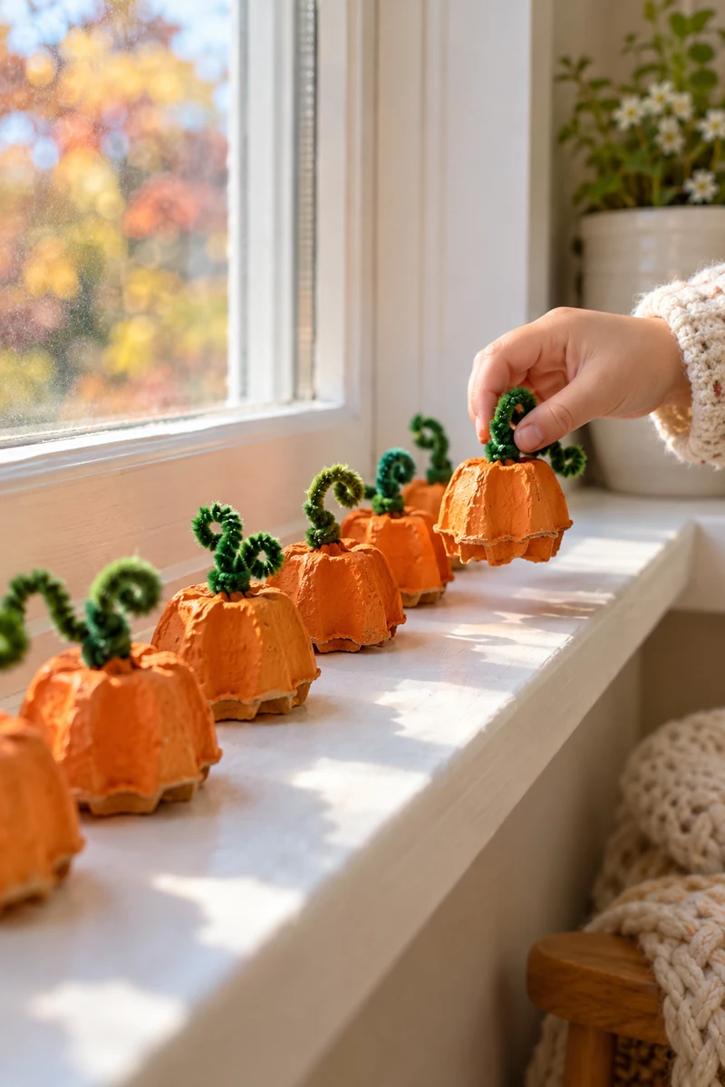 Orange painted egg carton cups as mini pumpkins with green stems
