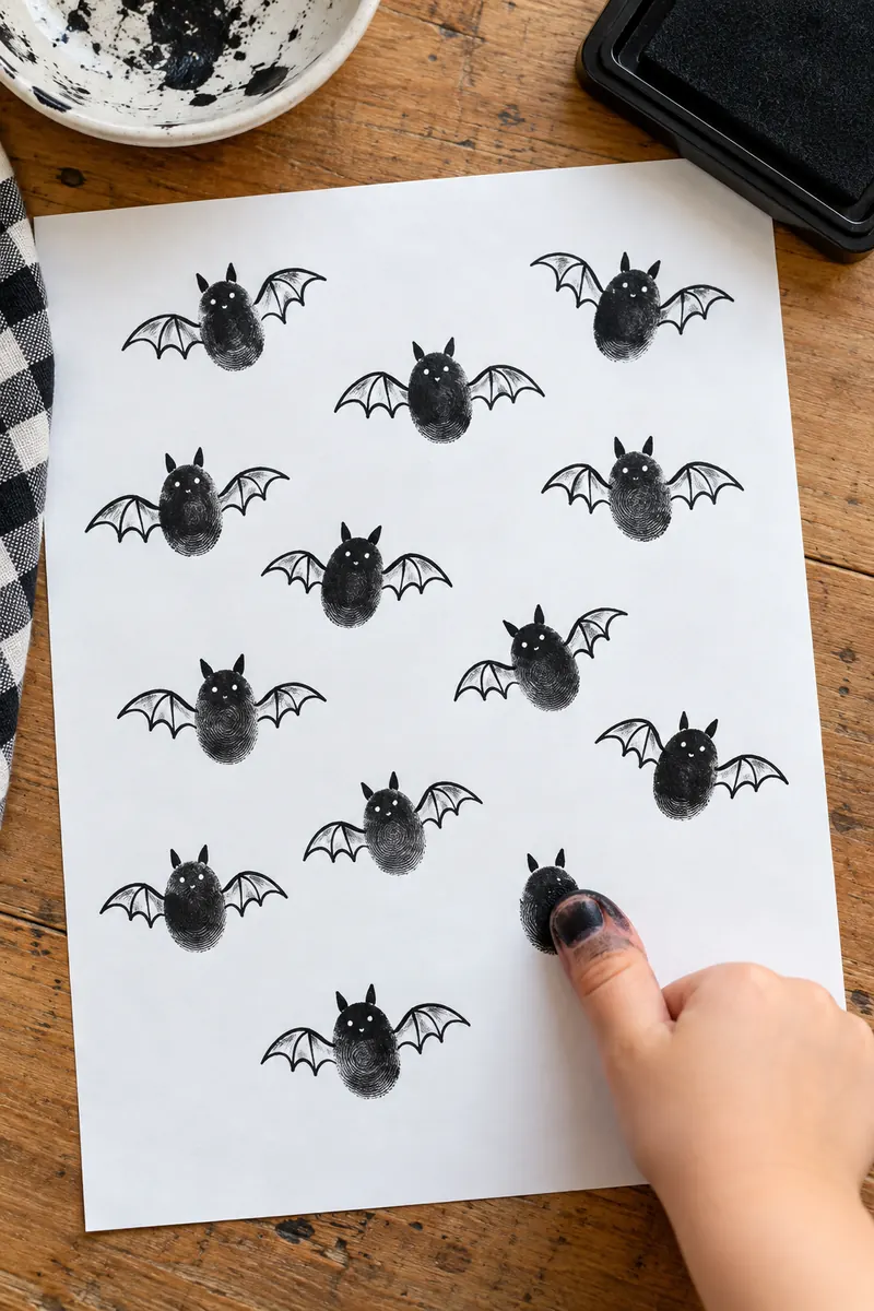 Thumbprint bat art with drawn wings and ears on white paper