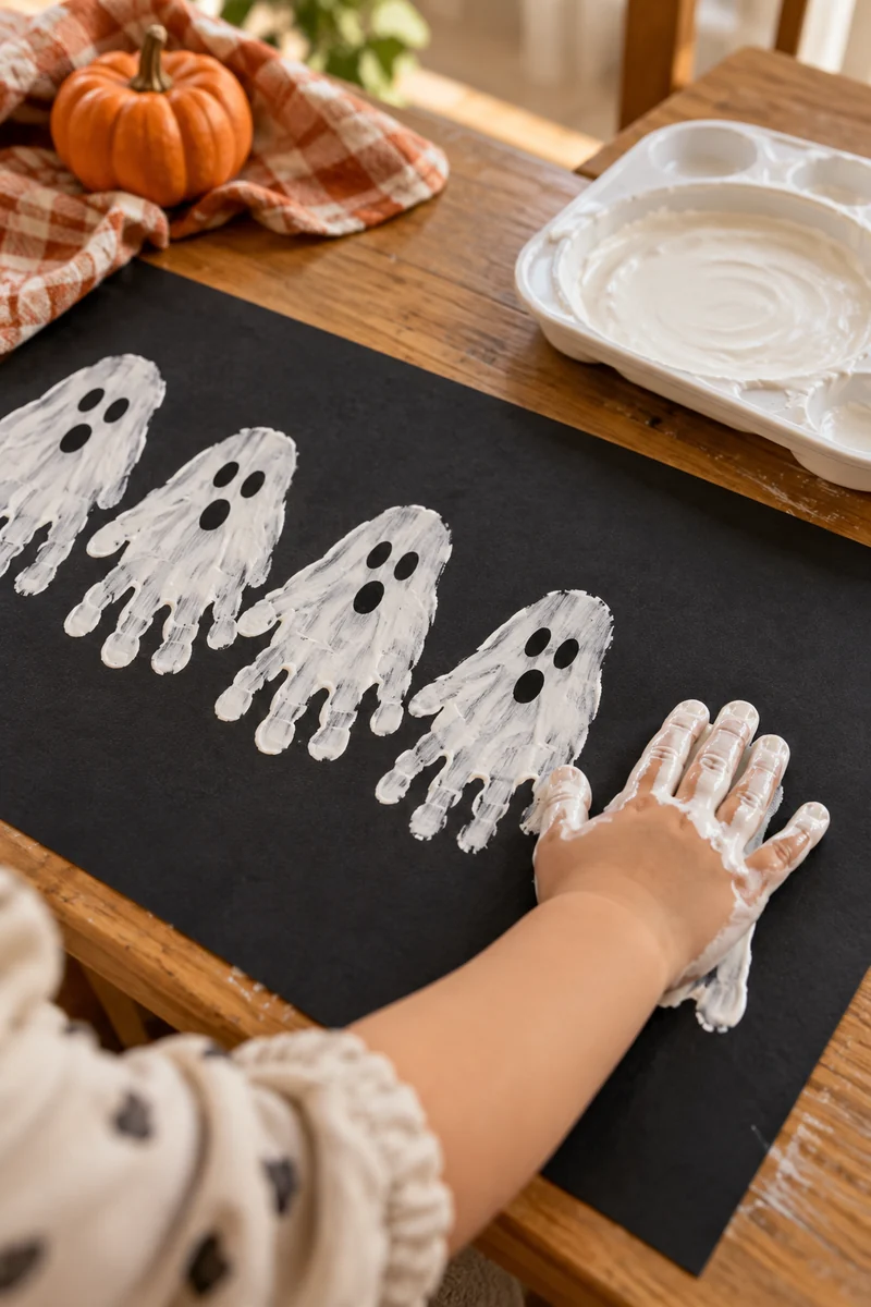 White handprint ghosts painted on black paper by kids