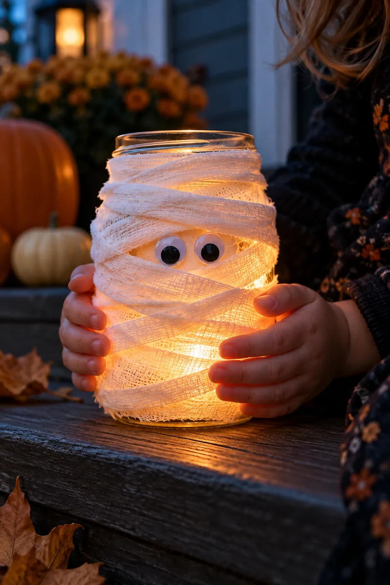 Mason jar mummy lantern wrapped in gauze glowing softly
