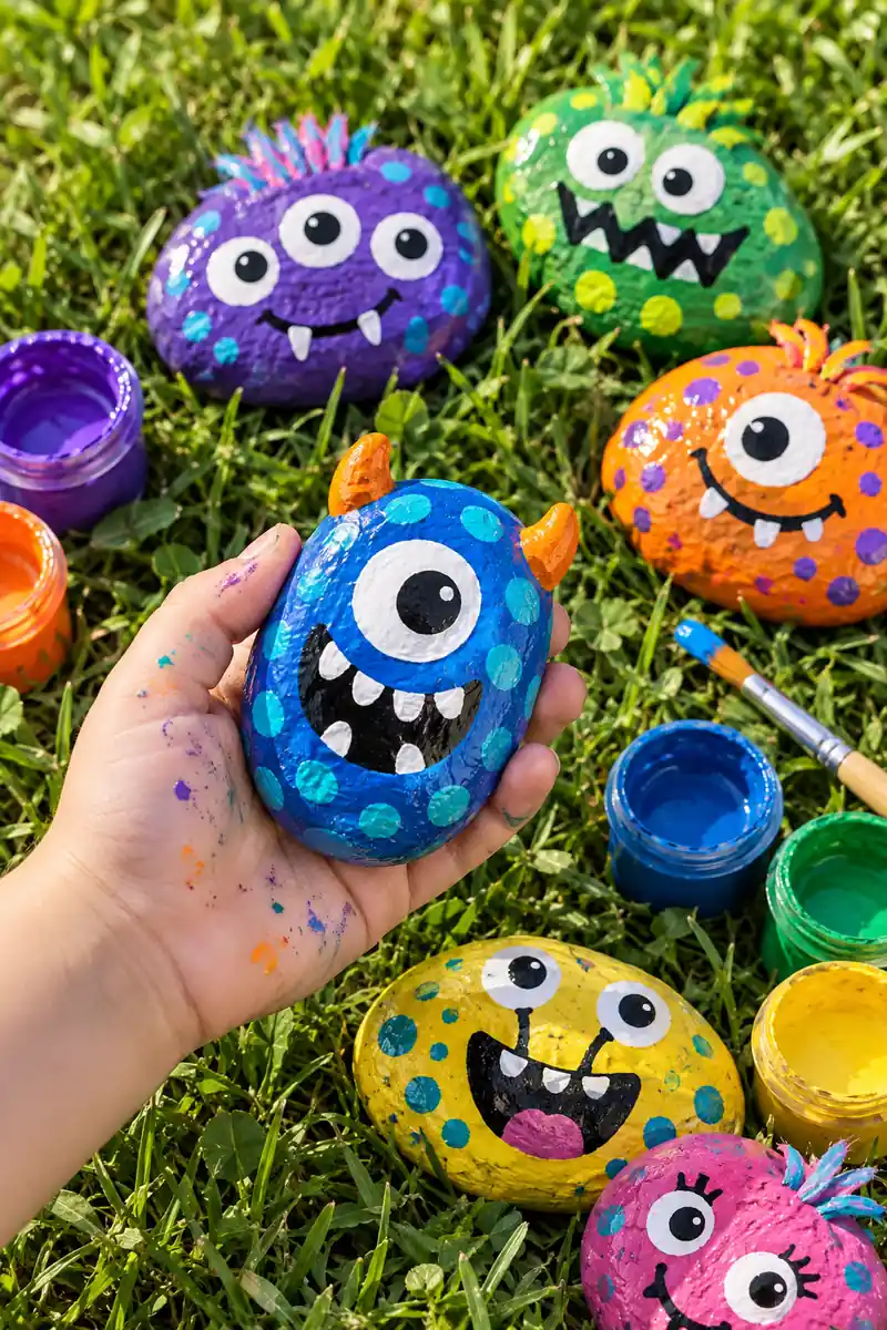 Smooth rocks painted as colorful monsters with googly eyes