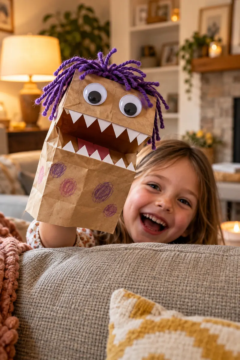 Paper bag monster puppet with paper teeth and googly eyes