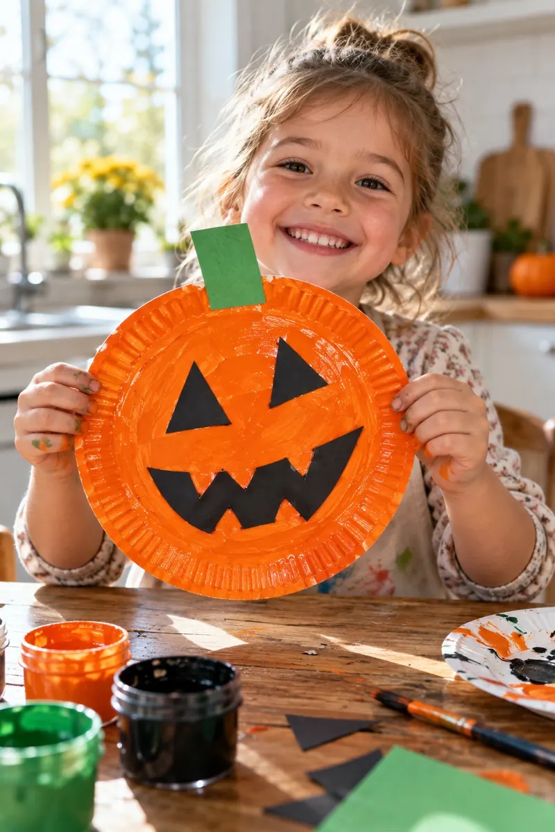 Kids paper plate pumpkin craft with painted orange face