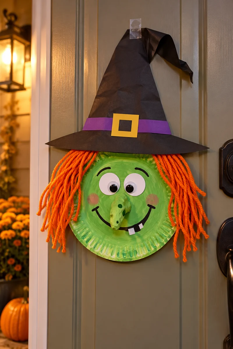 Green paper plate witch face with black hat and yarn hair