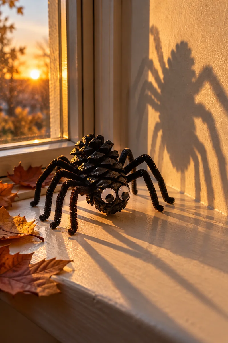 Pinecone spider with black paint, pipe cleaner legs and googly eyes