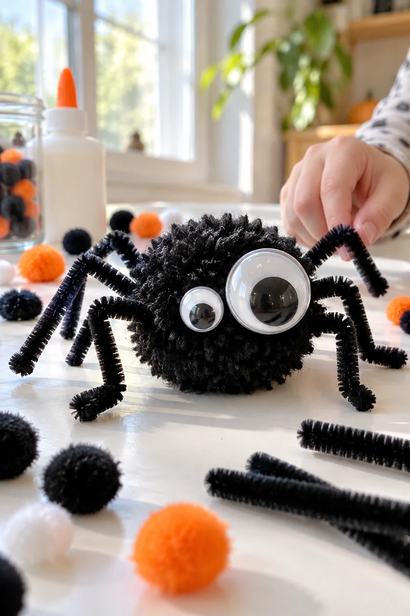 Black pom-pom spider with pipe cleaner legs and googly eyes