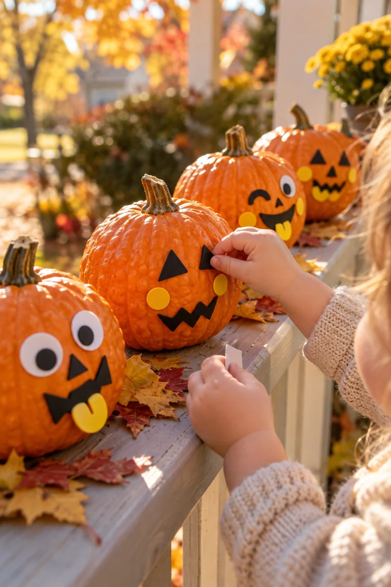 Mini pumpkins decorated with sticker faces, no carving