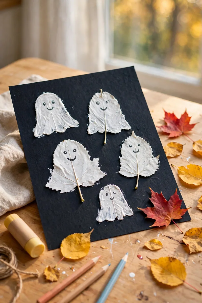 Leaf ghost collage craft on dark paper