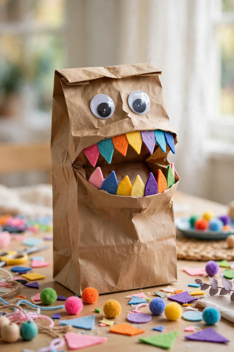 Paper bag monster puppet with felt teeth