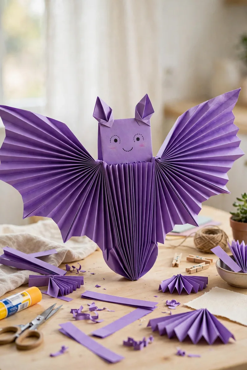 Accordion folded paper fan bat craft