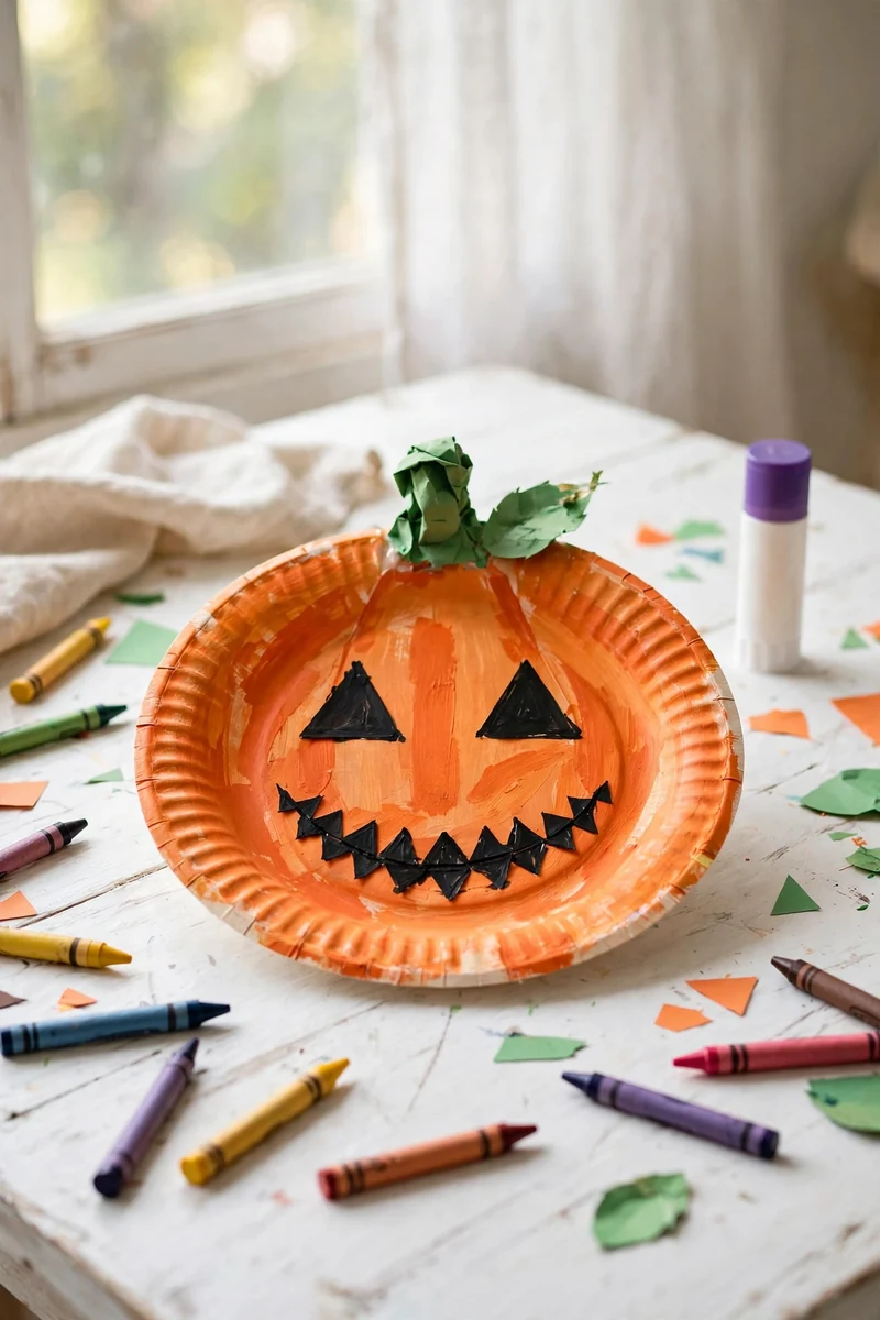 Paper plate pumpkin craft with a painted jack-o-lantern face