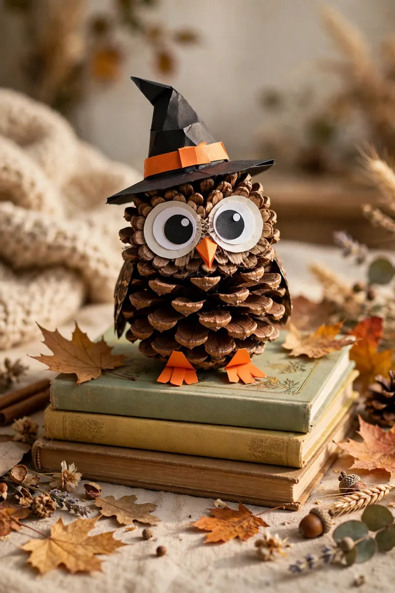 Pinecone owl craft dressed as a witch