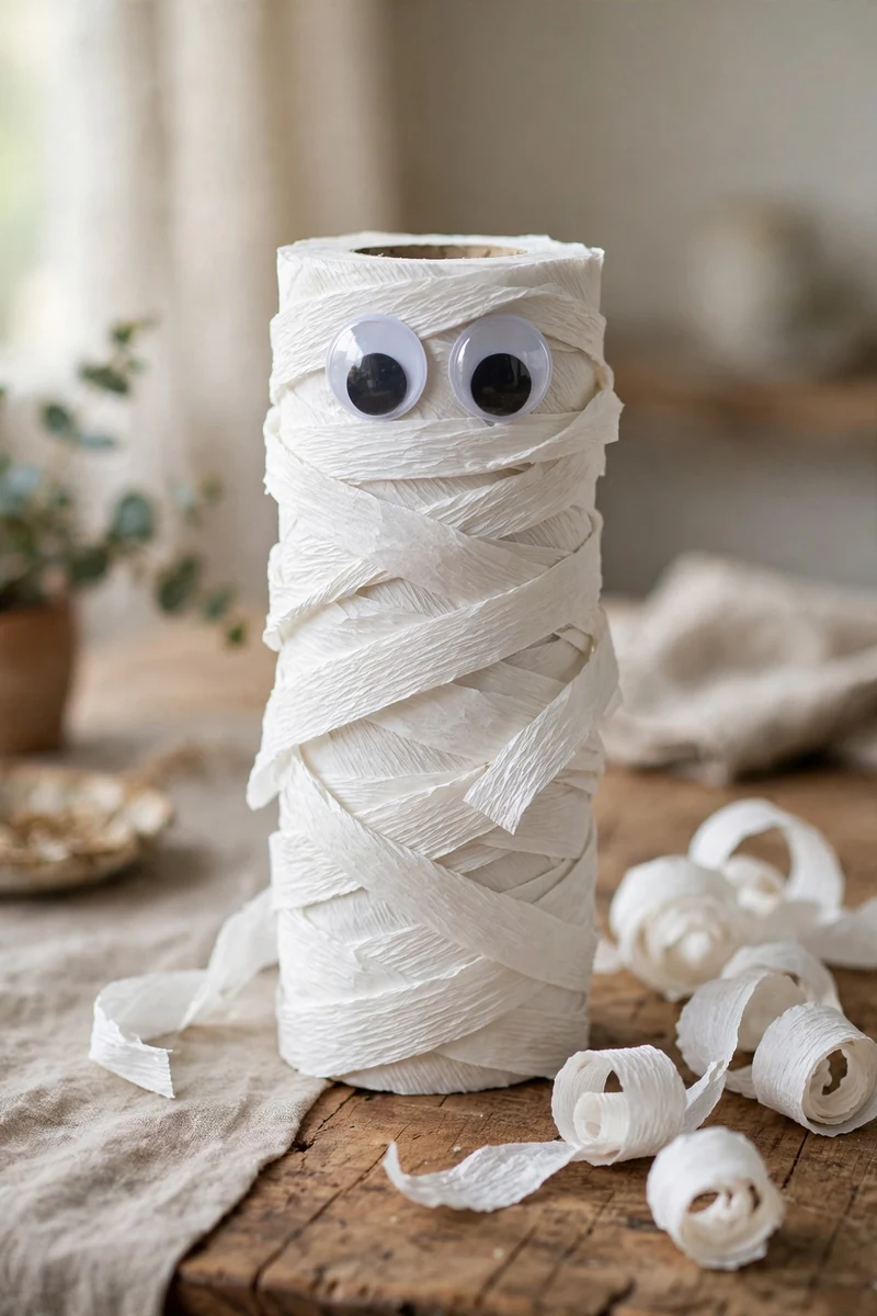 Toilet paper roll mummy craft with googly eyes