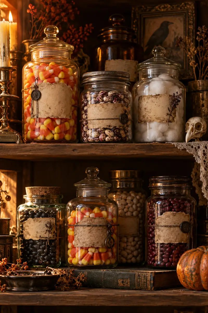Thrifted glass jars with aged handwritten labels filled with candy corn and dried beans on a wooden shelf