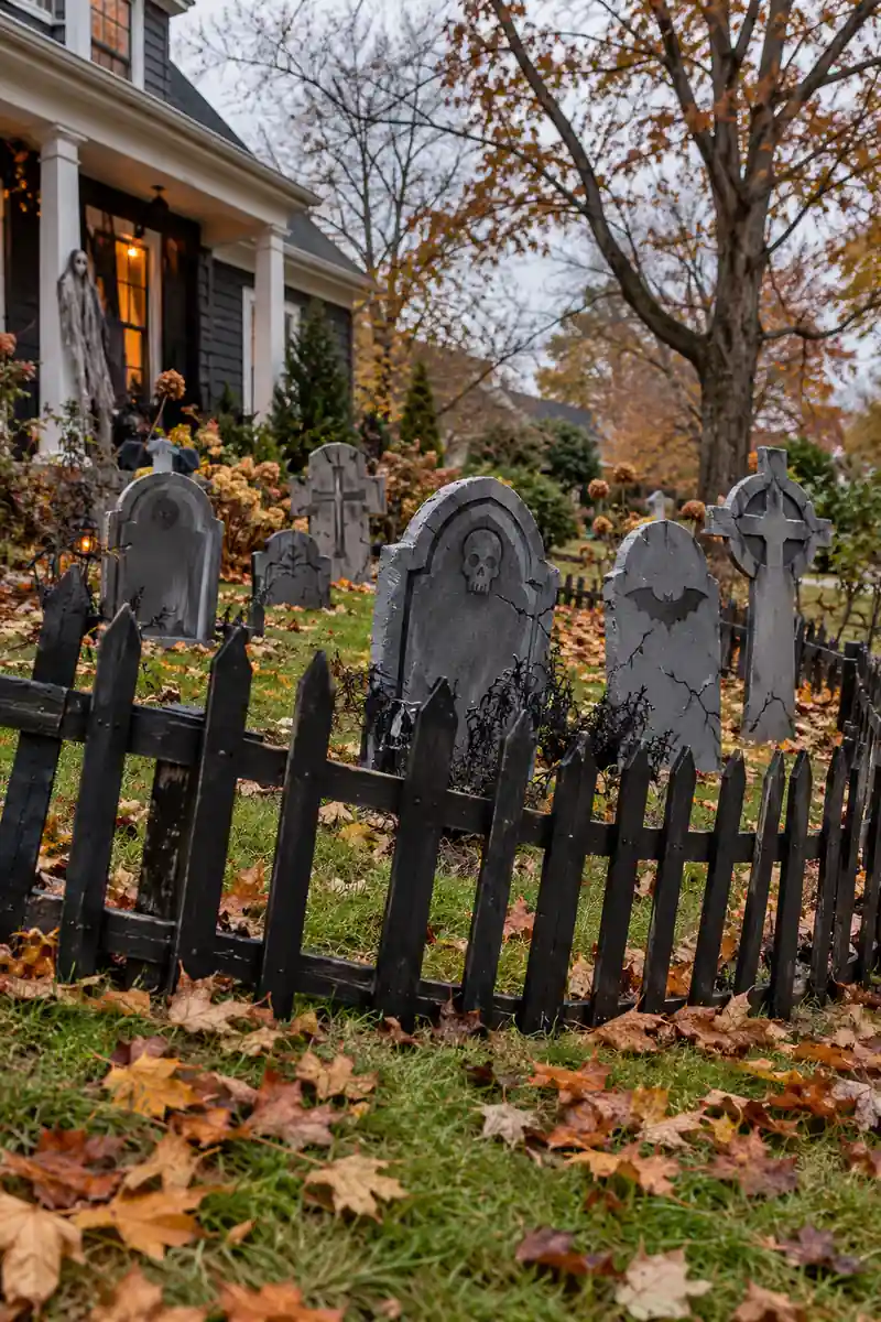 Crooked black wooden picket fence curving in front of cardboard tombstones in a front yard
