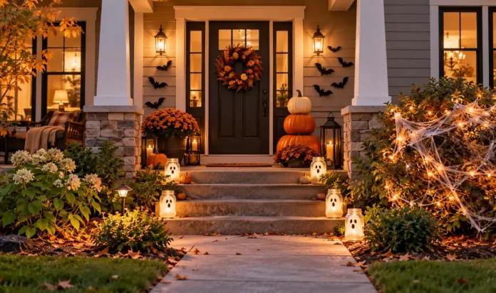 Halloween front porch decorated on a budget with paper bats, ghost lanterns, and a pumpkin topiary