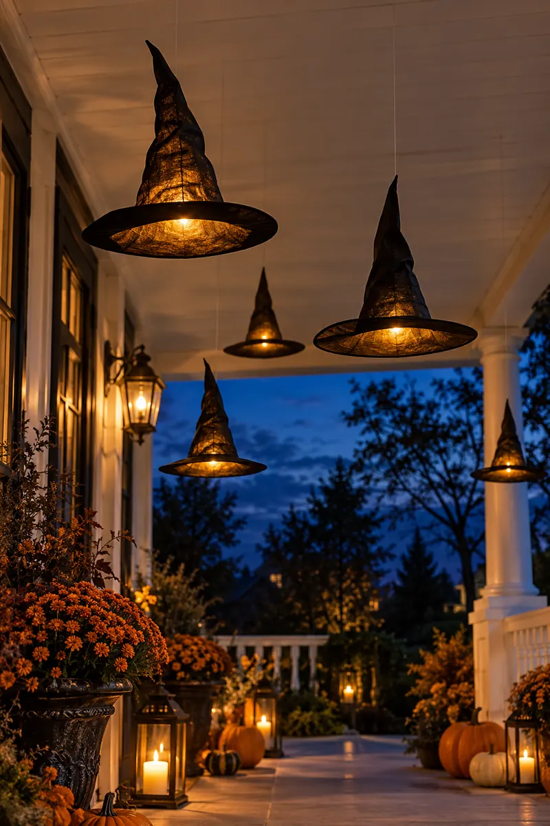 Black witch hats hanging from fishing line at different heights on a porch, glowing softly at dusk