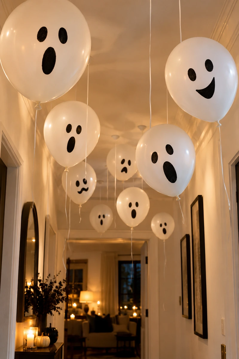 White balloons with ghost faces drawn on them hanging from a hallway ceiling at different heights
