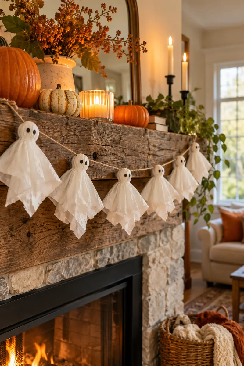 White tissue paper ghost garland with drawn faces hanging across a fireplace mantle