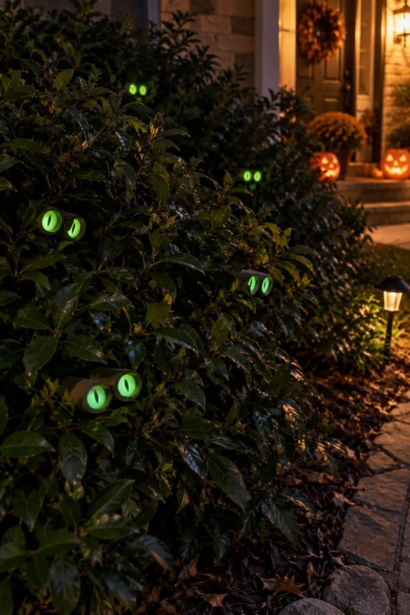 Pairs of glowing green eyes made from toilet paper rolls and glow sticks hidden in dark bushes at night