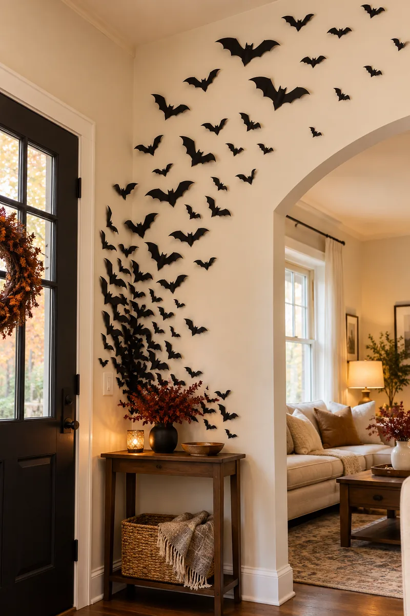Black paper bats cut from cardstock flying up a living room wall above a front door